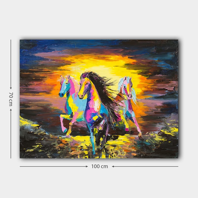 Lerretsbilde 70x100 cm - Fargerike hester som galopperer mot en lys bakgrunn - Rosa / Gul / Blå - Interiør - Maleri & posters - Lerretsbilder