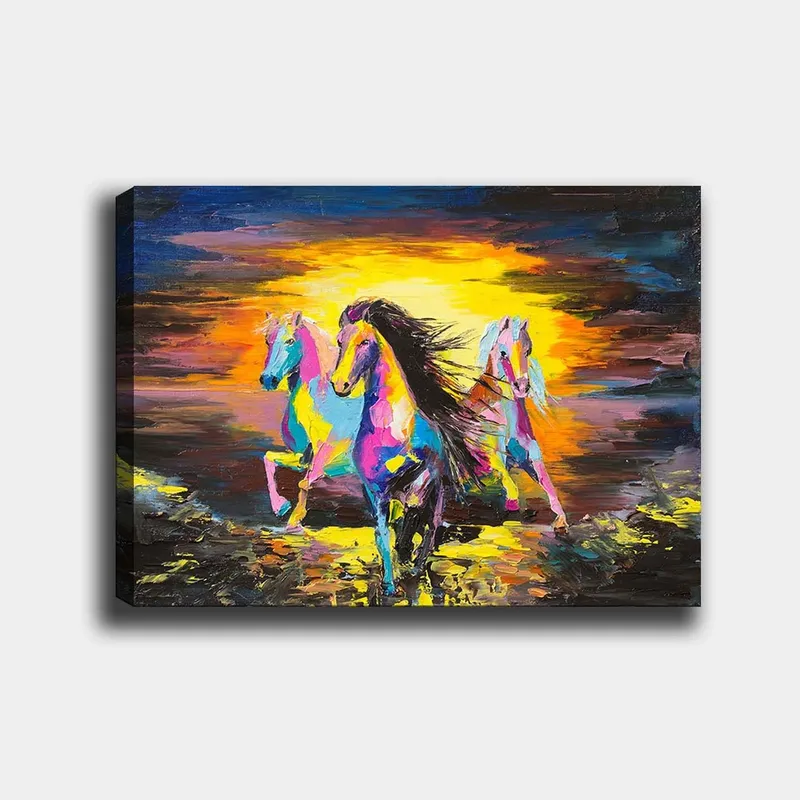 Lerretsbilde 70x100 cm - Fargerike hester som galopperer mot en lys bakgrunn, Rosa / Gul / Blå