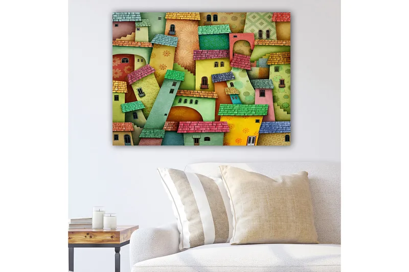 Lerretsbilde 70x100 cm - Fargerike hus i et fantasifullt bybilde, Grønn / Gul / Rød