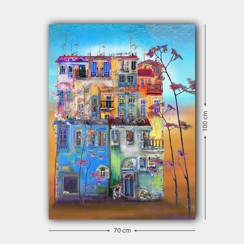 Lerretsbilde 70x100 cm - Fargerike hus i et urbant miljø med blomstrende trær i forgrunnen - Blå / Grønn / Oransje - Interiør - Maleri & posters - Lerretsbilder