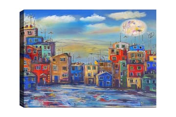 Lerretsbilde 70x100 cm - Fargerike hus i et urbant miljø under en klar himmel med en stor måne - Blå / Rød / Gul - Interiør - Maleri & posters - Lerretsbilder
