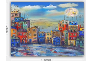 Lerretsbilde 70x100 cm - Fargerike hus i et urbant miljø under en klar himmel med en stor måne - Blå / Rød / Gul - Interiør - Maleri & posters - Lerretsbilder