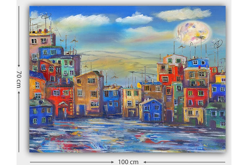 Lerretsbilde 70x100 cm - Fargerike hus i et urbant miljø under en klar himmel med en stor måne - Blå / Rød / Gul - Interiør - Maleri & posters - Lerretsbilder