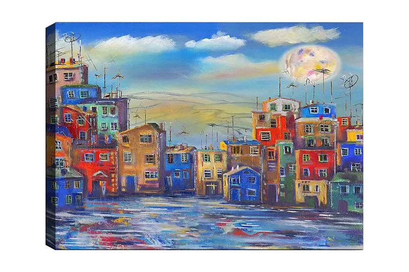 Lerretsbilde 70x100 cm - Fargerike hus i et urbant miljø under en klar himmel med en stor måne, Blå / Rød / Gul
