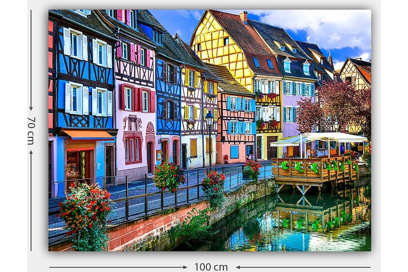 Lerretsbilde 70x100 cm - Fargerike hus langs en kanal i pittoreske urbane omgivelser - Blå / Rosa / Gul - Interiør - Maleri & posters - Lerretsbilder