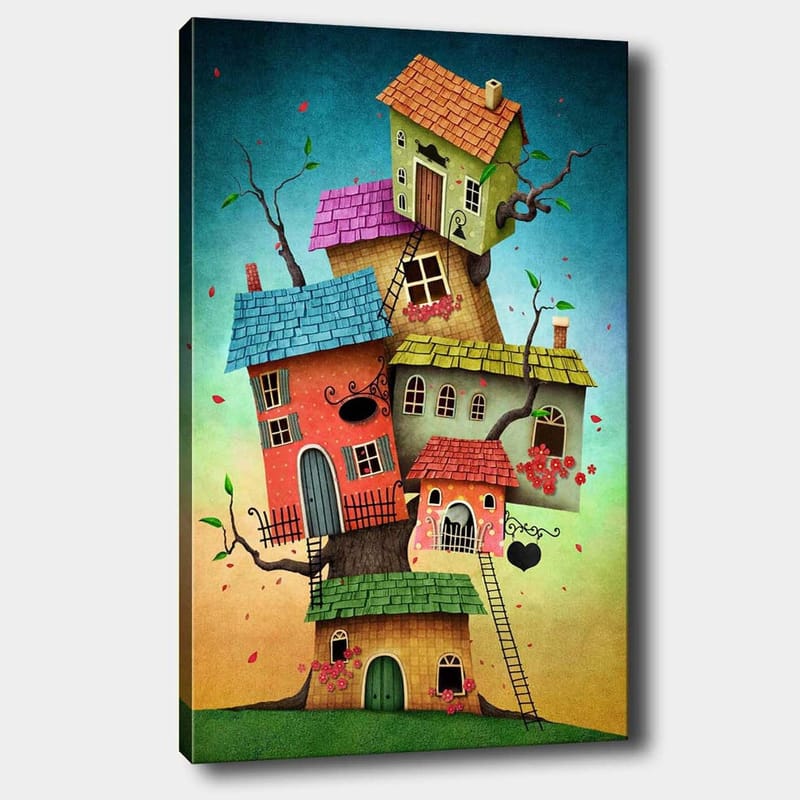 Lerretsbilde 70x100 cm - Fargerike hus som vokser ut av et tre i en fantasifull og leken komposisjon, Rød / Grønn / Blå
