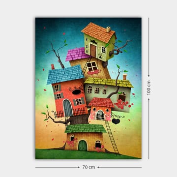 Lerretsbilde 70x100 cm - Fargerike hus som vokser ut av et tre i en fantasifull og leken komposisjon - Rød / Grønn / Blå - Interiør - Maleri & posters - Lerretsbilder