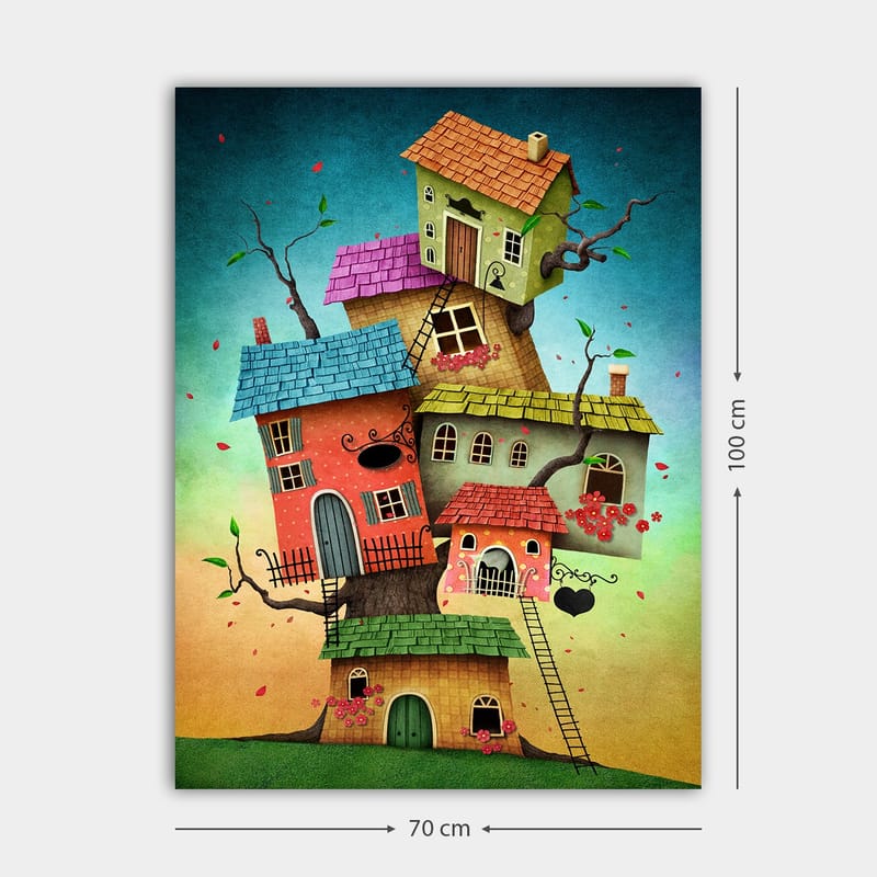 Lerretsbilde 70x100 cm - Fargerike hus som vokser ut av et tre i en fantasifull og leken komposisjon - Rød / Grønn / Blå - Interiør - Maleri & posters - Lerretsbilder