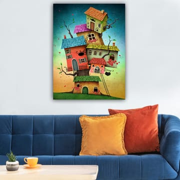 Lerretsbilde 70x100 cm - Fargerike hus som vokser ut av et tre i en fantasifull og leken komposisjon - Rød / Grønn / Blå - Interiør - Maleri & posters - Lerretsbilder