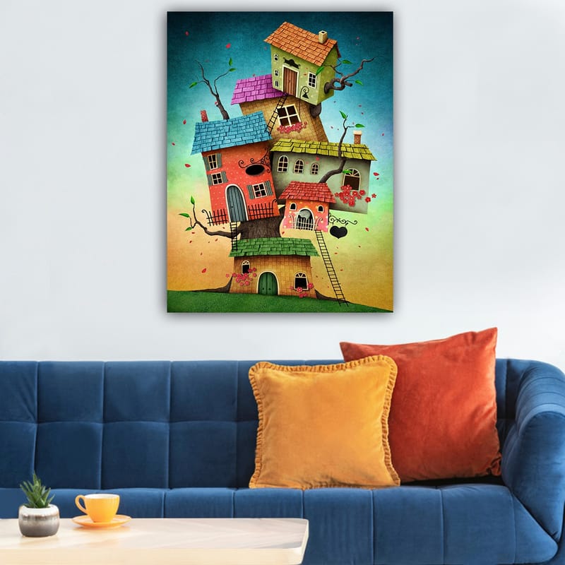 Lerretsbilde 70x100 cm - Fargerike hus som vokser ut av et tre i en fantasifull og leken komposisjon - Rød / Grønn / Blå - Interiør - Maleri & posters - Lerretsbilder