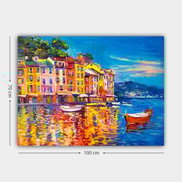 Lerretsbilde 70x100 cm - Fargerike hus ved en havn med båter speilet i vannet - Blå / Oransje / Gul - Interiør - Maleri & posters - Lerretsbilder