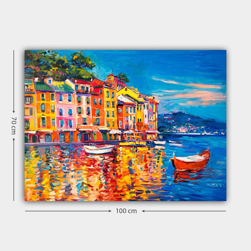 Lerretsbilde 70x100 cm - Fargerike hus ved en havn med båter speilet i vannet - Blå / Oransje / Gul - Interiør - Maleri & posters - Lerretsbilder