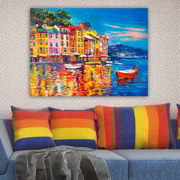 Lerretsbilde 70x100 cm - Fargerike hus ved en havn med båter speilet i vannet - Blå / Oransje / Gul - Interiør - Maleri & posters - Lerretsbilder