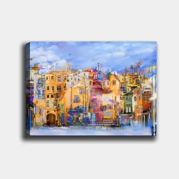 Lerretsbilde 70x100 cm - Fargerike hus ved vannkanten i et livlig bymiljø - Gul / Rød / Blå - Interiør - Maleri & posters - Lerretsbilder