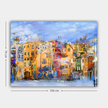 Lerretsbilde 70x100 cm - Fargerike hus ved vannkanten i et livlig bymiljø - Gul / Rød / Blå - Interiør - Maleri & posters - Lerretsbilder