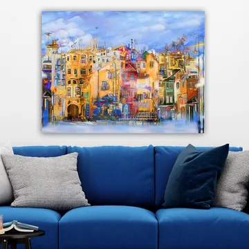 Lerretsbilde 70x100 cm - Fargerike hus ved vannkanten i et livlig bymiljø - Gul / Rød / Blå - Interiør - Maleri & posters - Lerretsbilder