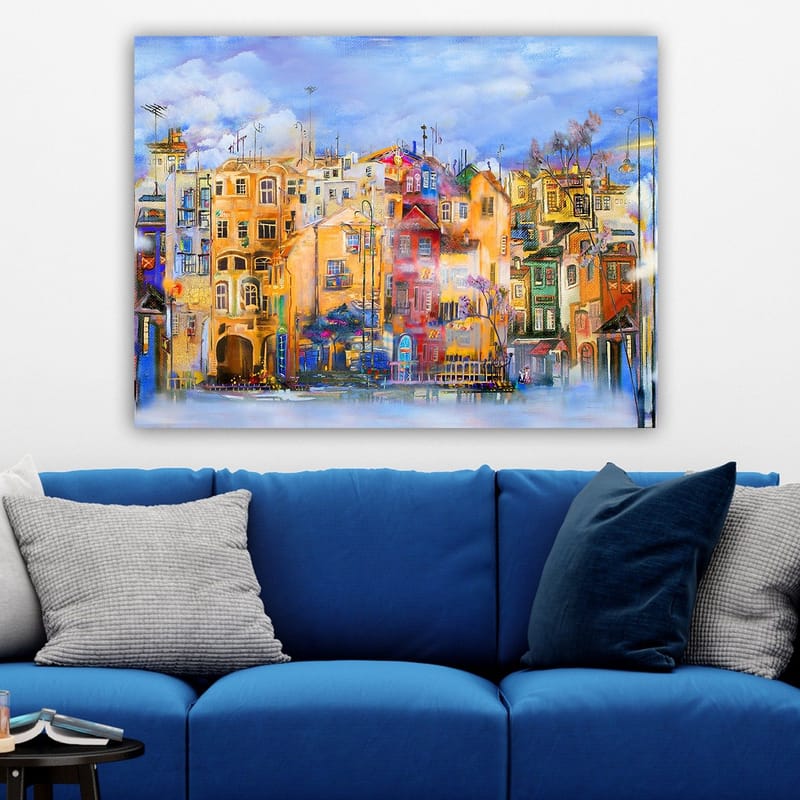 Lerretsbilde 70x100 cm - Fargerike hus ved vannkanten i et livlig bymiljø - Gul / Rød / Blå - Interiør - Maleri & posters - Lerretsbilder