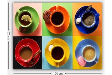 Lerretsbilde 70x100 cm - Fargerike kaffekopper arrangert i et rutete mønster med diverse drikker og tilbehør - Grønn / Rød / Blå - Interiør - Maleri & posters - Lerretsbilder