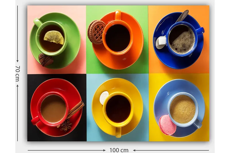 Lerretsbilde 70x100 cm - Fargerike kaffekopper arrangert i et rutete mønster med diverse drikker og tilbehør - Grønn / Rød / Blå - Interiør - Maleri & posters - Lerretsbilder