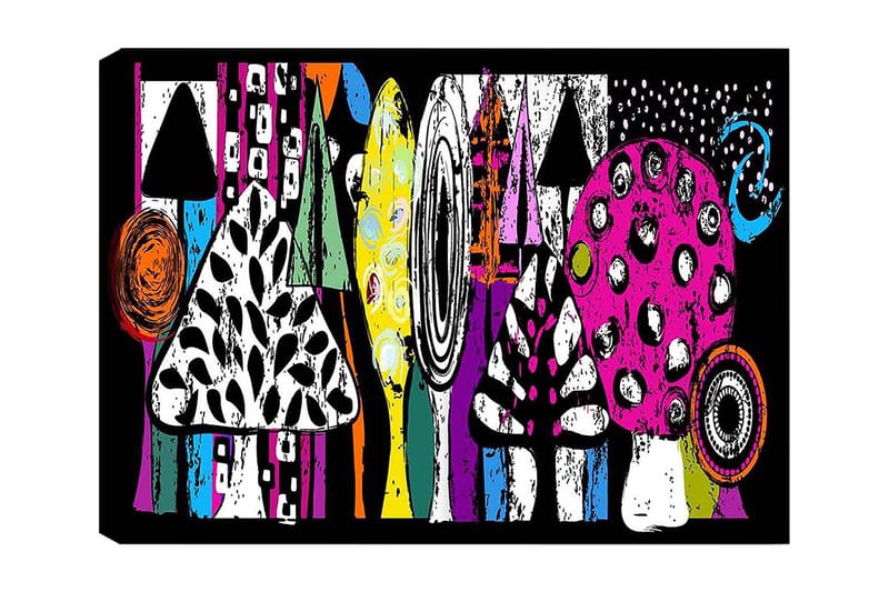 Lerretsbilde 70x100 cm - Fargerike sopper og abstrakte former i en leken komposisjon, Rosa / Svart / Grønn