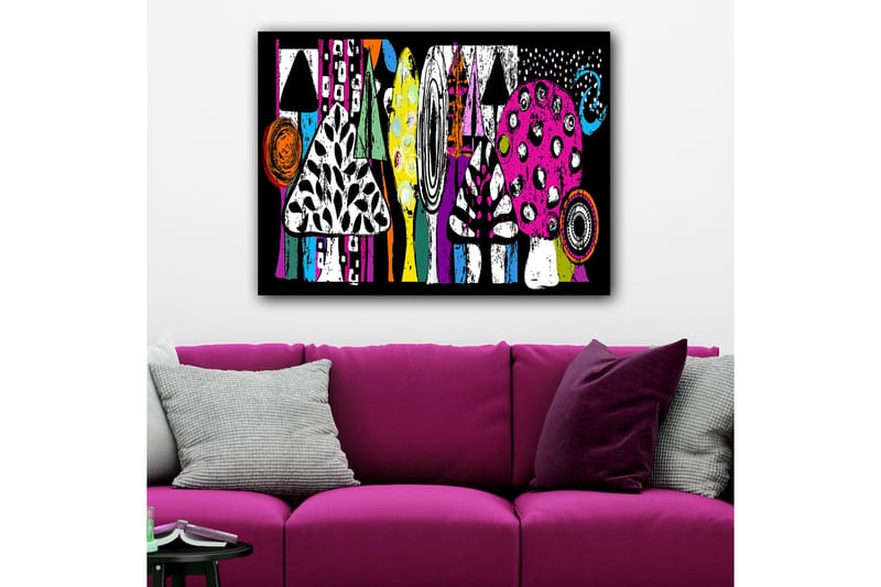 Lerretsbilde 70x100 cm - Fargerike sopper og abstrakte former i en leken komposisjon - Rosa / Svart / Grønn - Interiør - Maleri & posters - Lerretsbilder