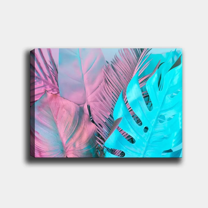 Lerretsbilde 70x100 cm - Fargerike tropiske blader i pastellfarger, Lys blå / Rosa