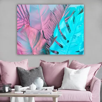 Lerretsbilde 70x100 cm - Fargerike tropiske blader i pastellfarger - Lys blå / Rosa - Interiør - Maleri & posters - Lerretsbilder