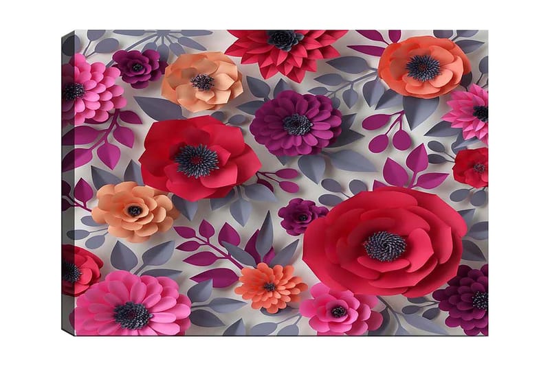 Lerretsbilde 70x100 cm - Fargerike papirblomster i forskjellige former og størrelser, Mørk rosa / Lilla / Oransje