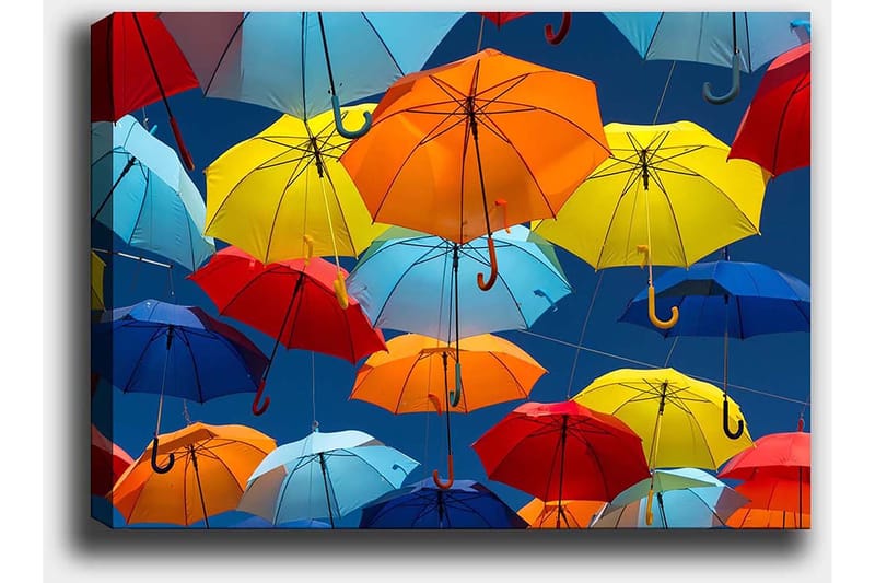 Lerretsbilde 70x100 cm - Fargerike paraplyer som svever i luften - Rød / Blå / Gul - Interiør - Maleri & posters - Lerretsbilder
