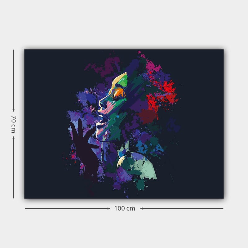 Lerretsbilde 70x100 cm - Fargerikt og uttrykksfullt portrett av en kvinne som synger med lidenskap - Lilla / Grønn / Rød - Interiør - Maleri & posters - Lerretsbilder