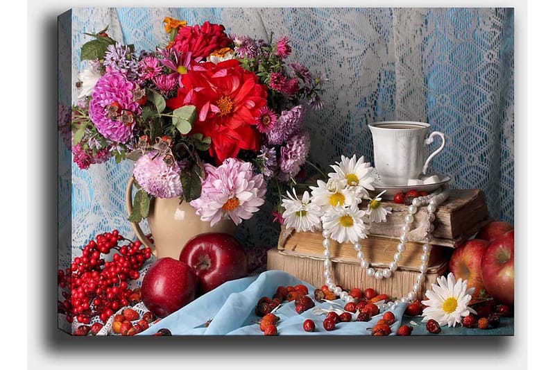 Lerretsbilde 70x100 cm - Fargerikt stilleben med blomster, frukt og en kopp på en stabel med bøker - Rød / Grønn / Lilla - Interiør - Maleri & posters - Lerretsbilder