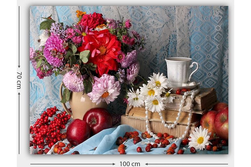 Lerretsbilde 70x100 cm - Fargerikt stilleben med blomster, frukt og en kopp på en stabel med bøker - Rød / Grønn / Lilla - Interiør - Maleri & posters - Lerretsbilder