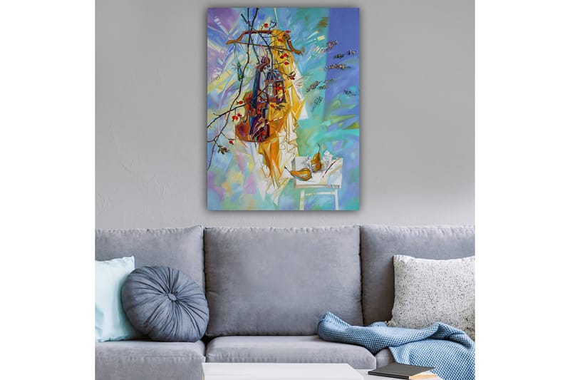 Lerretsbilde 70x100 cm - Fargerikt stilleben med klær hengende på en kleshenger, omgitt av frukt og blomster - Gul / Blå / Grønn - Interiør - Maleri & posters - Lerretsbilder