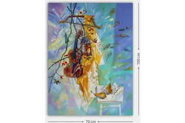 Lerretsbilde 70x100 cm - Fargerikt stilleben med klær hengende på en kleshenger, omgitt av frukt og blomster - Gul / Blå / Grønn - Interiør - Maleri & posters - Lerretsbilder