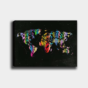 Lerretsbilde 70x100 cm - Fargerikt verdenskart laget av tekst og symboler som representerer forskjellige land - Lilla / Rød / Grønn - Interiør - Maleri & posters - Lerretsbilder