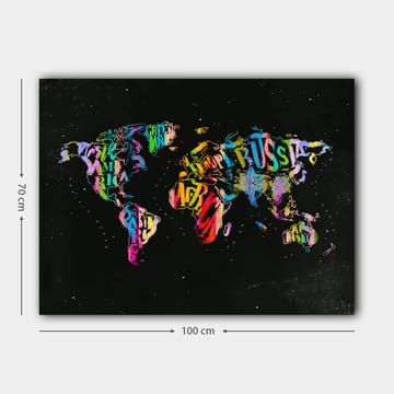 Lerretsbilde 70x100 cm - Fargerikt verdenskart laget av tekst og symboler som representerer forskjellige land - Lilla / Rød / Grønn - Interiør - Maleri & posters - Lerretsbilder