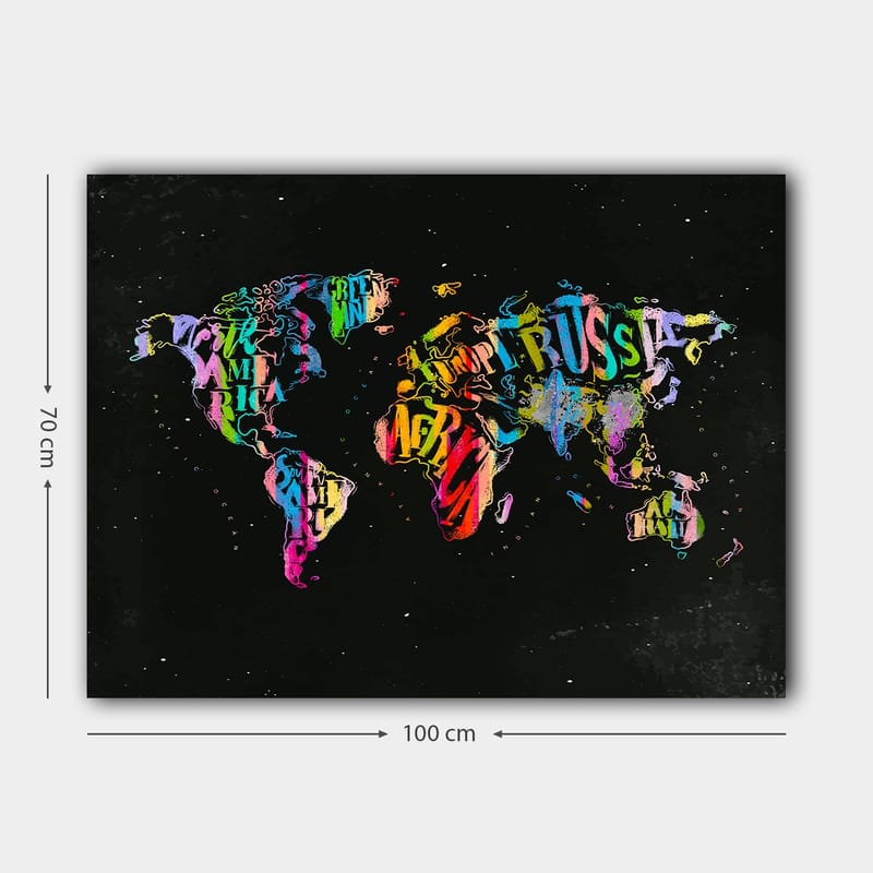 Lerretsbilde 70x100 cm - Fargerikt verdenskart laget av tekst og symboler som representerer forskjellige land - Lilla / Rød / Grønn - Interiør - Maleri & posters - Lerretsbilder