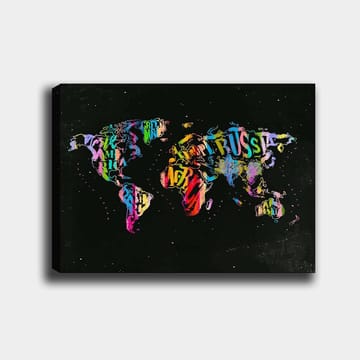 Lerretsbilde 70x100 cm - Fargerikt verdenskart laget av tekst og symboler som representerer forskjellige land - Lilla / Rød / Grønn - Interiør - Maleri & posters - Lerretsbilder