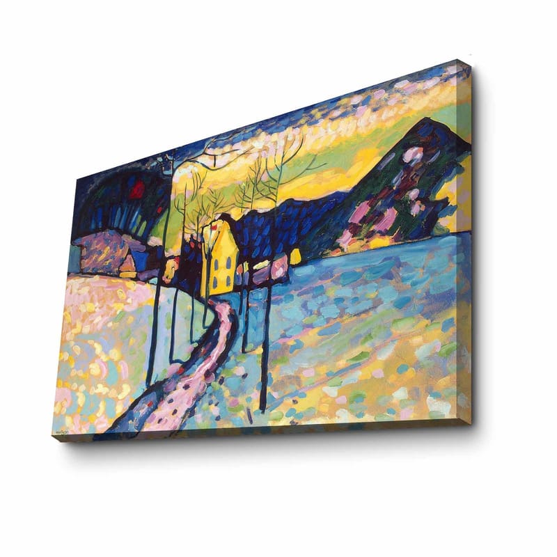 Lerretsbilde 70x100 cm - Fargerikt vinterlandskap med en vei som fører til et gult hus omgitt av snø og trær - Blå / Gul / Hvit - Interiør - Maleri & posters - Lerretsbilder