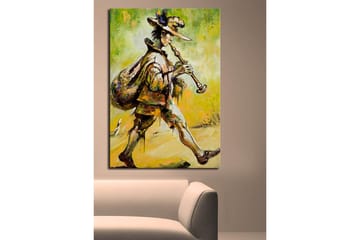 Lerretsbilde 70x100 cm - Felespiller går fremover med en sekk på ryggen og spiller fløyte - Grønn / Gul / Brun - Interiør - Maleri & posters - Lerretsbilder