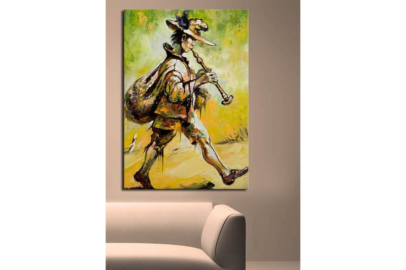 Lerretsbilde 70x100 cm - Felespiller går fremover med en sekk på ryggen og spiller fløyte - Grønn / Gul / Brun - Interiør - Maleri & posters - Lerretsbilder
