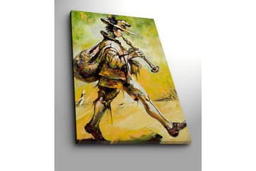 Lerretsbilde 70x100 cm - Felespiller går fremover med en sekk på ryggen og spiller fløyte - Grønn / Gul / Brun - Interiør - Maleri & posters - Lerretsbilder