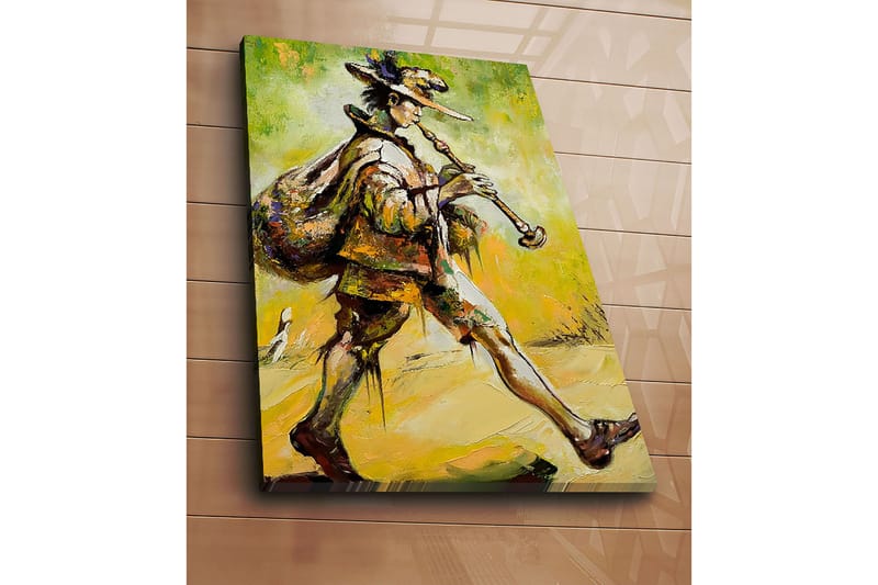 Lerretsbilde 70x100 cm - Felespiller går fremover med en sekk på ryggen og spiller fløyte - Grønn / Gul / Brun - Interiør - Maleri & posters - Lerretsbilder
