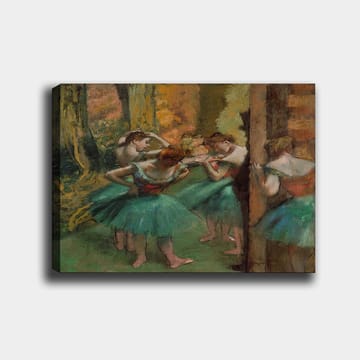 Lerretsbilde 70x100 cm - Fem ballettdansere i fargerike tutuer forbereder seg til en forestilling - Grønn / Oransje / Rød - Interiør - Maleri & posters - Lerretsbilder