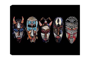 Lerretsbilde 70x100 cm - Fem fargerike masker med forskjellige mønstre og uttrykk - Rød / Svart / Blå - Interiør - Maleri & posters - Lerretsbilder