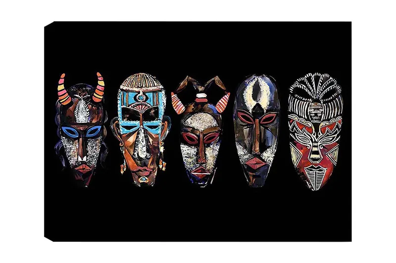 Lerretsbilde 70x100 cm - Fem fargerike masker med forskjellige mønstre og uttrykk, Rød / Svart / Blå