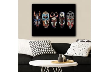 Lerretsbilde 70x100 cm - Fem fargerike masker med forskjellige mønstre og uttrykk - Rød / Svart / Blå - Interiør - Maleri & posters - Lerretsbilder
