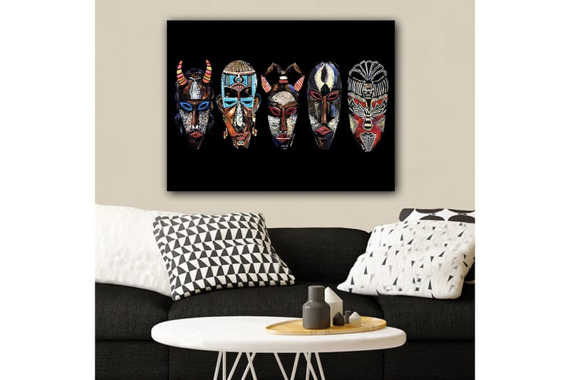 Lerretsbilde 70x100 cm - Fem fargerike masker med forskjellige mønstre og uttrykk - Rød / Svart / Blå - Interiør - Maleri & posters - Lerretsbilder