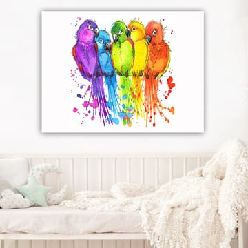Lerretsbilde 70x100 cm - Fem fargerike papegøyer på rad - Lilla / Grønn / Oransje - Interiør - Maleri & posters - Lerretsbilder