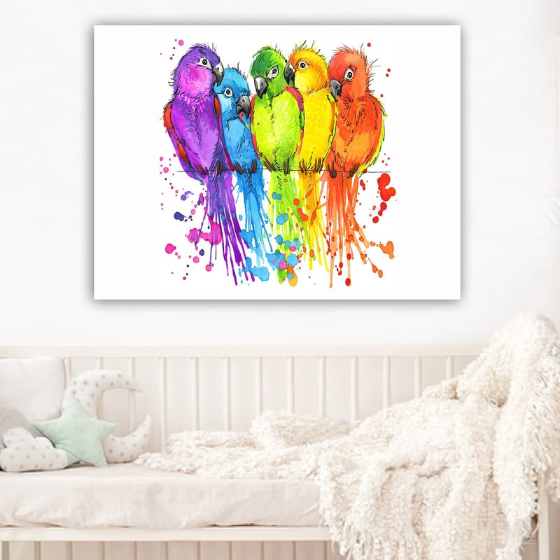 Lerretsbilde 70x100 cm - Fem fargerike papegøyer på rad - Lilla / Grønn / Oransje - Interiør - Maleri & posters - Lerretsbilder